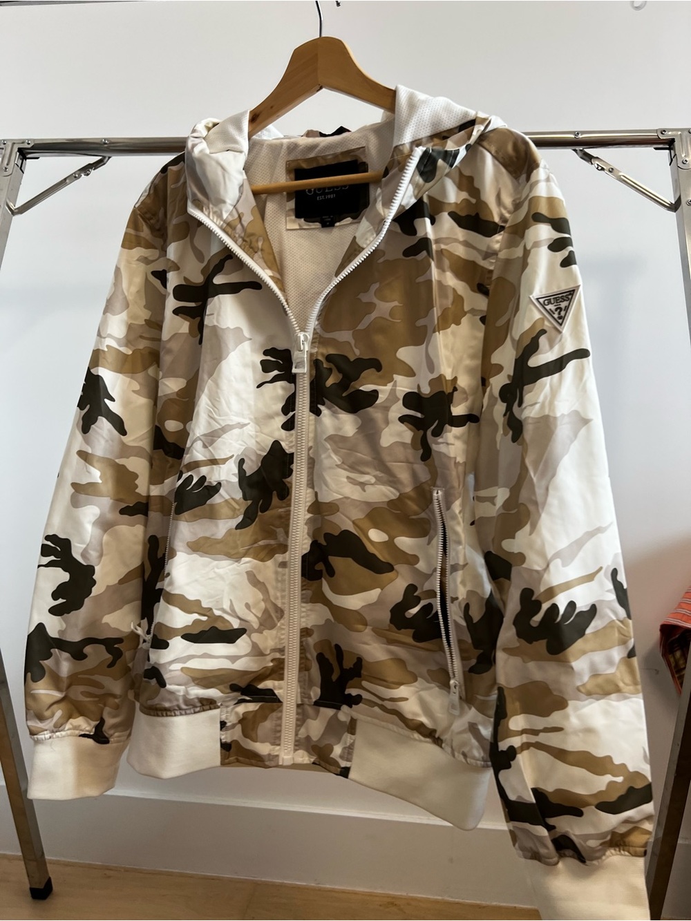 Guess Men's Hooded Camo Windbreaker Jacket - Beige Olive White
